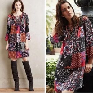 Anthropologie One September Blue, Purple, Patchwork Orange Lace Up Tunic…